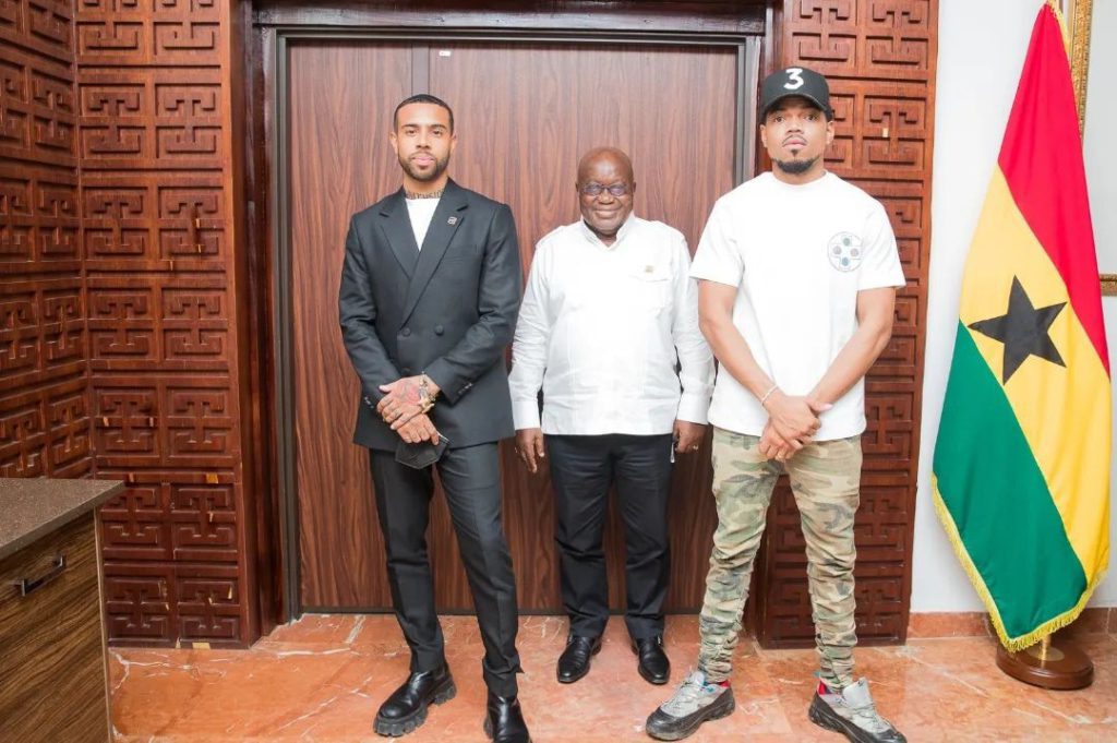 Vic Mensa, Chance The Rapper return to Ghana with high school students
 Chance The Rapper and Vic Mensa meet with President Akufo-Addo (Credit: Instagram/@beyondthereturn)